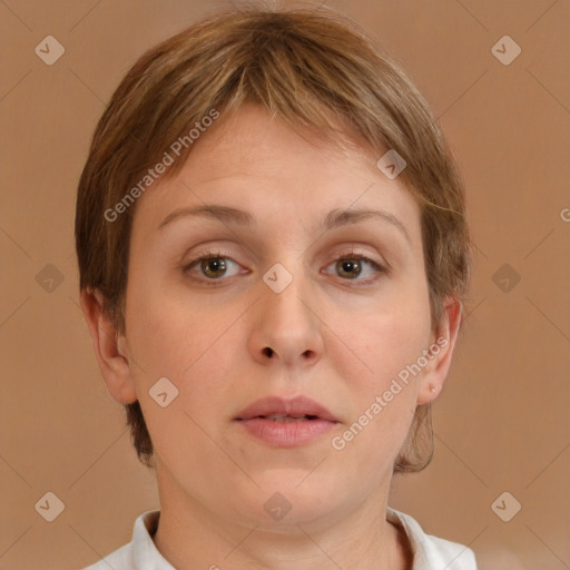 Neutral white young-adult female with medium  brown hair and brown eyes