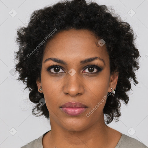 Neutral black young-adult female with short  black hair and brown eyes