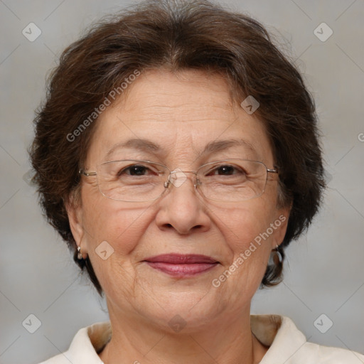 Joyful white middle-aged female with medium  brown hair and brown eyes