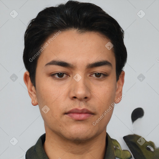 Neutral latino young-adult male with short  black hair and brown eyes