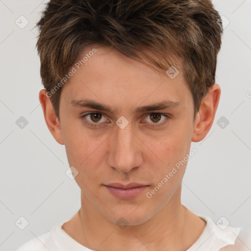 Neutral white young-adult male with short  brown hair and brown eyes