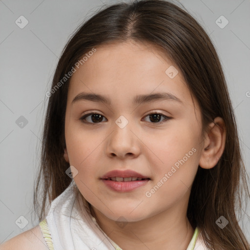 Joyful white child female with medium  brown hair and brown eyes