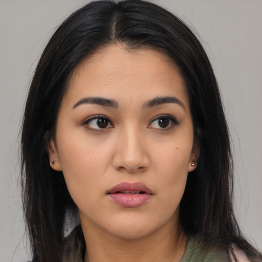 Neutral asian young-adult female with long  black hair and brown eyes