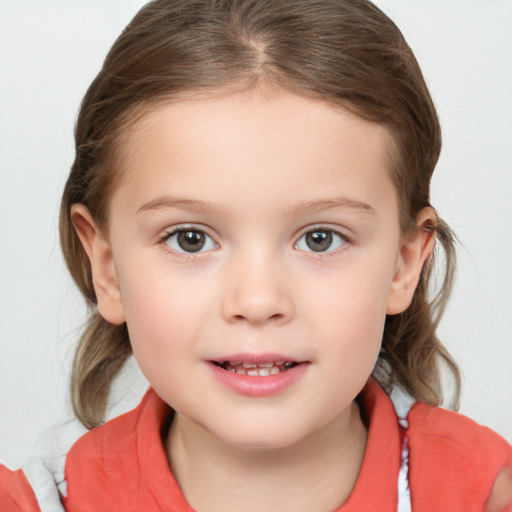 Joyful white child female with medium  brown hair and grey eyes