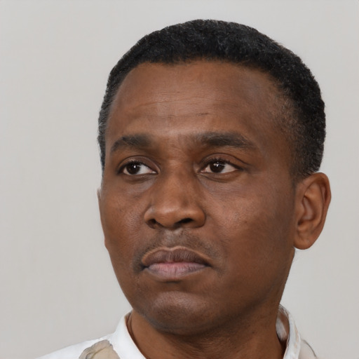 Neutral black young-adult male with short  black hair and brown eyes