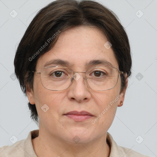 Joyful white adult female with short  brown hair and brown eyes