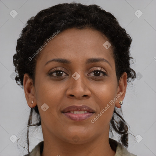 Joyful black young-adult female with medium  brown hair and brown eyes