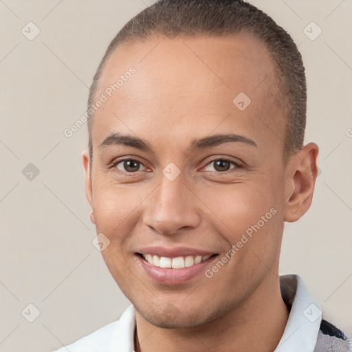 Joyful white young-adult male with short  brown hair and brown eyes