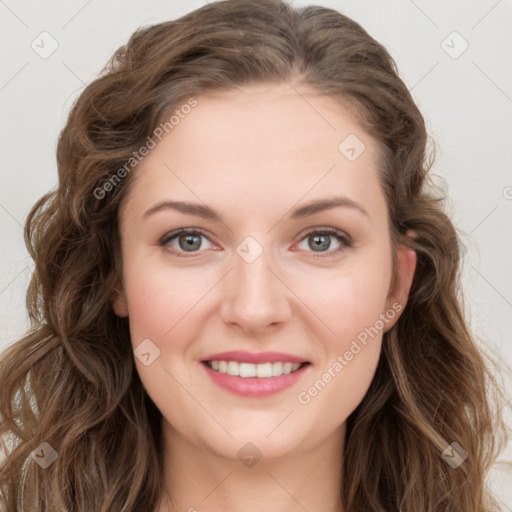 Joyful white young-adult female with long  brown hair and blue eyes