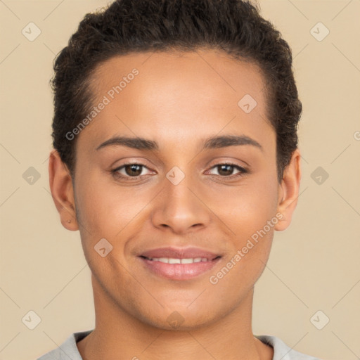 Joyful white young-adult female with short  brown hair and brown eyes