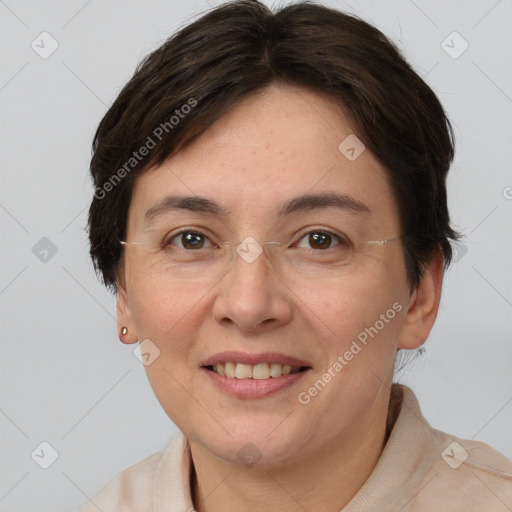 Joyful white adult female with medium  brown hair and brown eyes