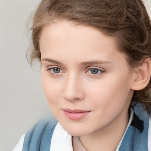 Neutral white child female with medium  brown hair and blue eyes