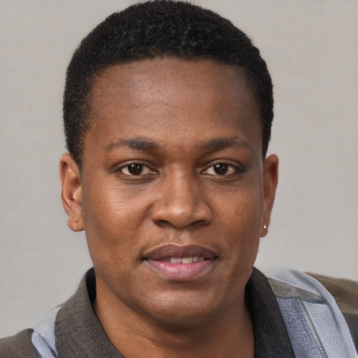 Joyful black young-adult male with short  black hair and brown eyes