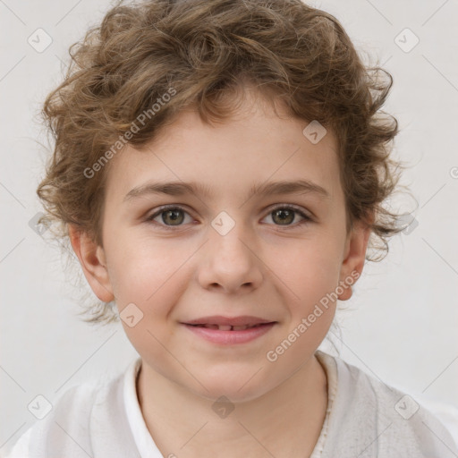 Joyful white child female with short  brown hair and brown eyes