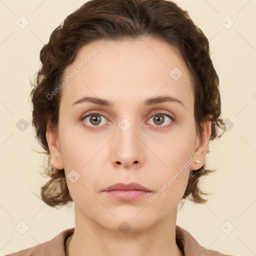 Neutral white young-adult female with short  brown hair and brown eyes