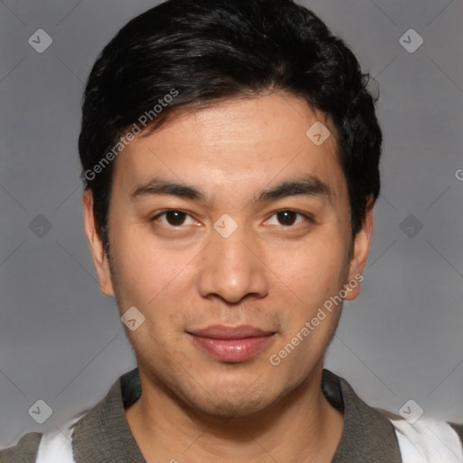 Joyful white young-adult male with short  black hair and brown eyes