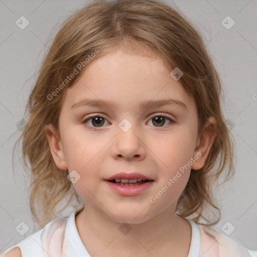 Joyful white child female with medium  brown hair and brown eyes