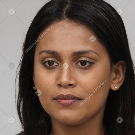 Joyful asian young-adult female with long  brown hair and brown eyes