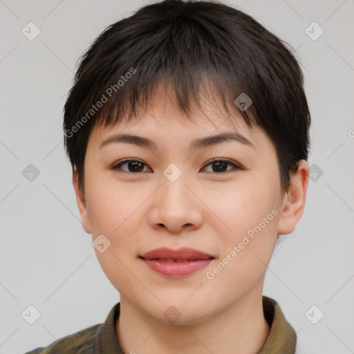 Joyful asian young-adult female with short  brown hair and brown eyes