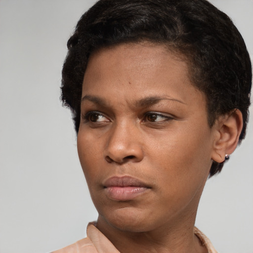 Neutral white young-adult female with short  black hair and brown eyes