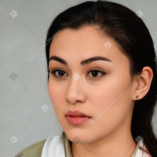 Neutral white young-adult female with medium  brown hair and brown eyes