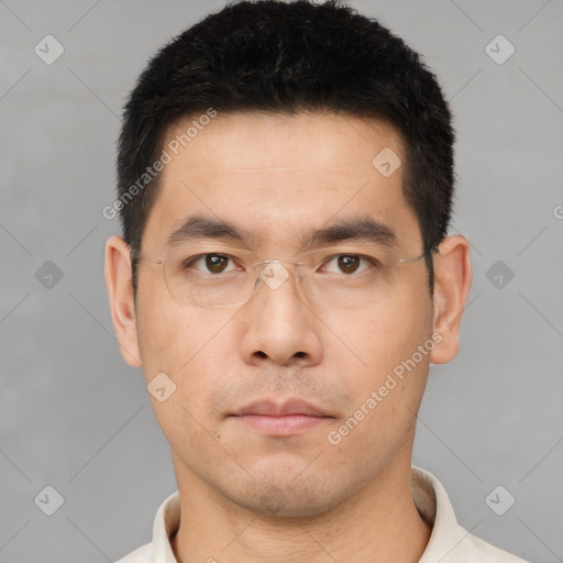 Neutral asian young-adult male with short  brown hair and brown eyes