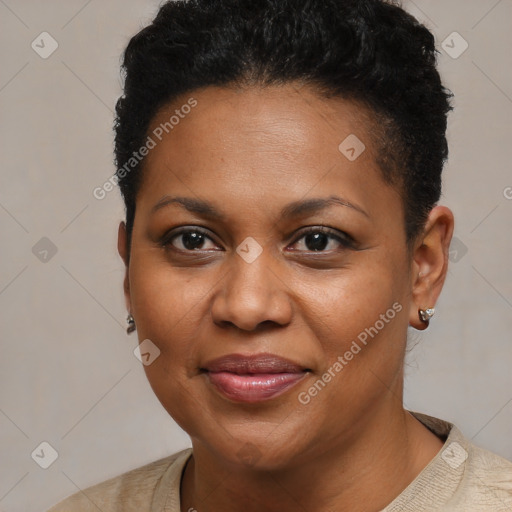 Joyful black young-adult female with short  brown hair and brown eyes