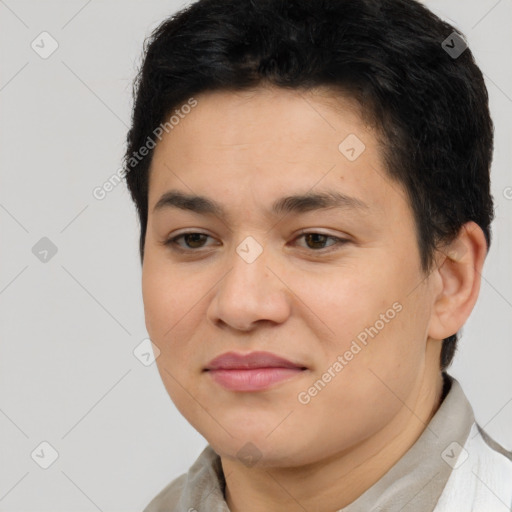 Joyful latino young-adult female with short  brown hair and brown eyes