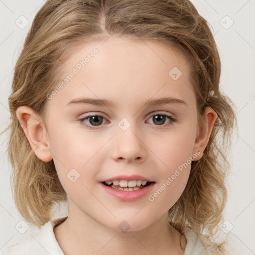 Joyful white child female with medium  brown hair and grey eyes