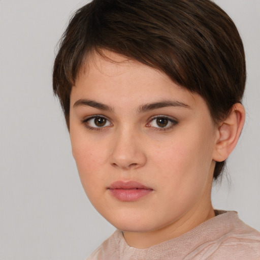 Neutral white young-adult female with short  brown hair and brown eyes