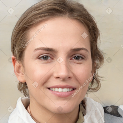 Joyful white young-adult female with medium  brown hair and grey eyes