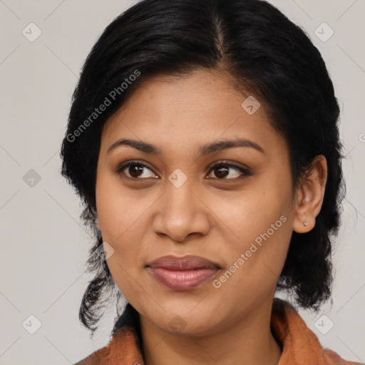 Joyful latino young-adult female with medium  black hair and brown eyes