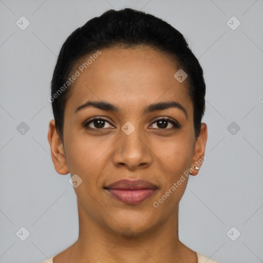 Joyful latino young-adult female with short  black hair and brown eyes