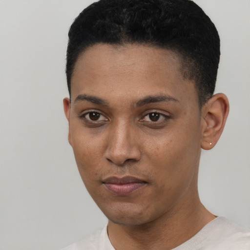 Neutral black young-adult female with short  black hair and brown eyes
