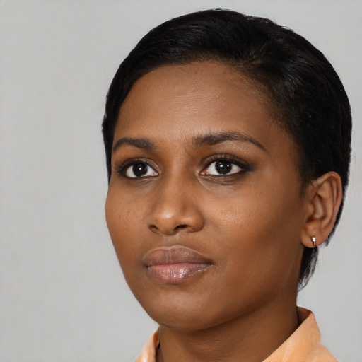 Neutral black young-adult female with medium  black hair and brown eyes