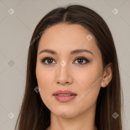 Neutral white young-adult female with long  brown hair and brown eyes