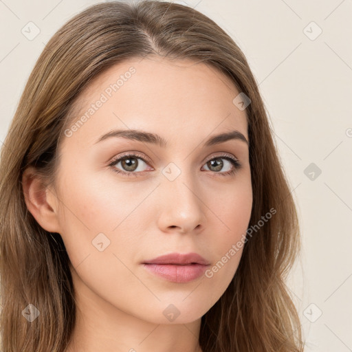 Neutral white young-adult female with long  brown hair and brown eyes