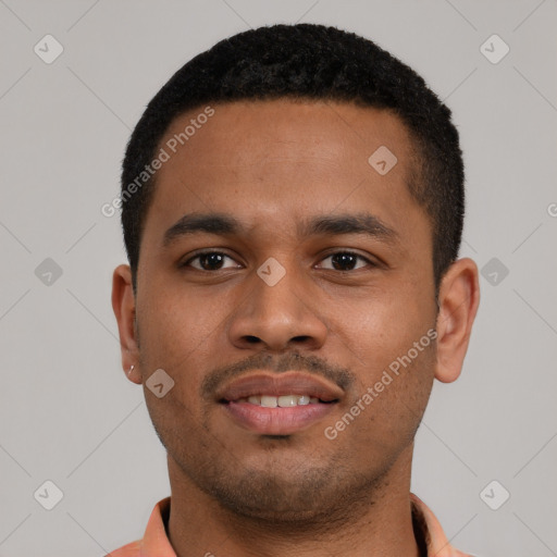 Neutral latino young-adult male with short  black hair and brown eyes