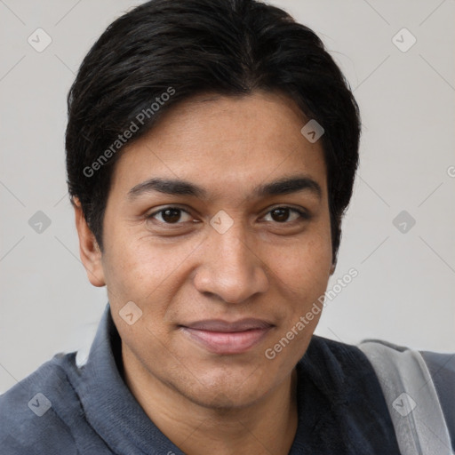 Joyful white young-adult female with short  black hair and brown eyes