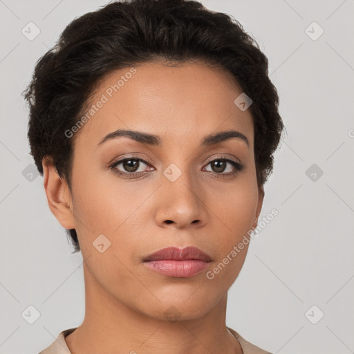 Neutral white young-adult female with short  brown hair and brown eyes