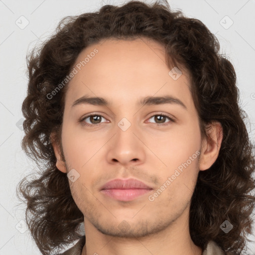 Joyful white young-adult male with medium  brown hair and brown eyes