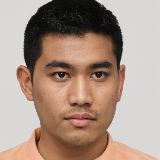 Neutral asian young-adult male with short  black hair and brown eyes