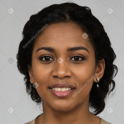 Joyful black young-adult female with medium  black hair and brown eyes