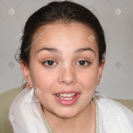 Joyful white young-adult female with medium  brown hair and blue eyes