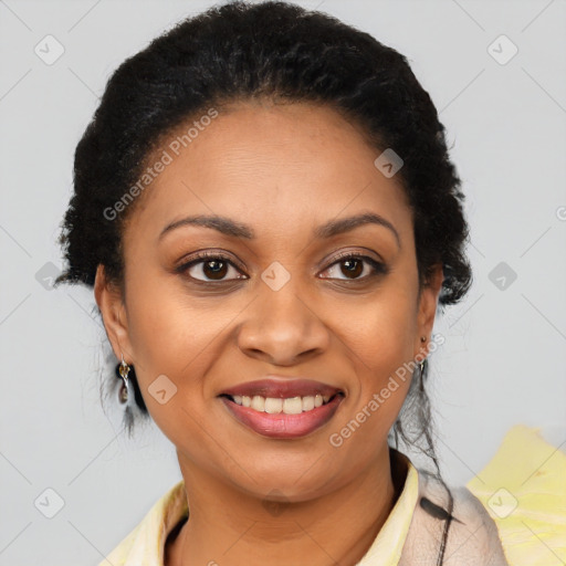 Joyful latino young-adult female with short  brown hair and brown eyes