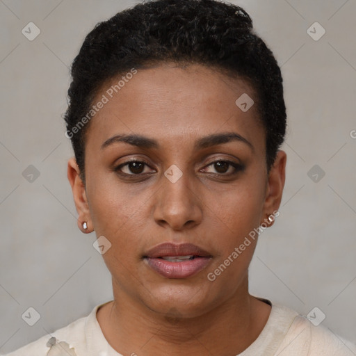 Neutral black young-adult female with short  brown hair and brown eyes