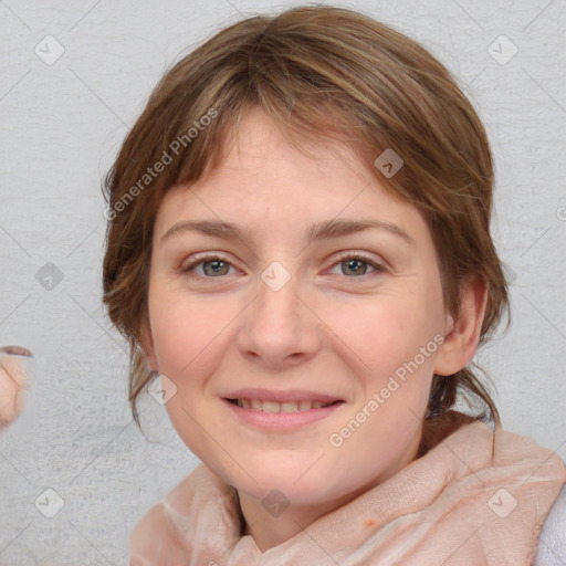 Joyful white young-adult female with medium  brown hair and blue eyes