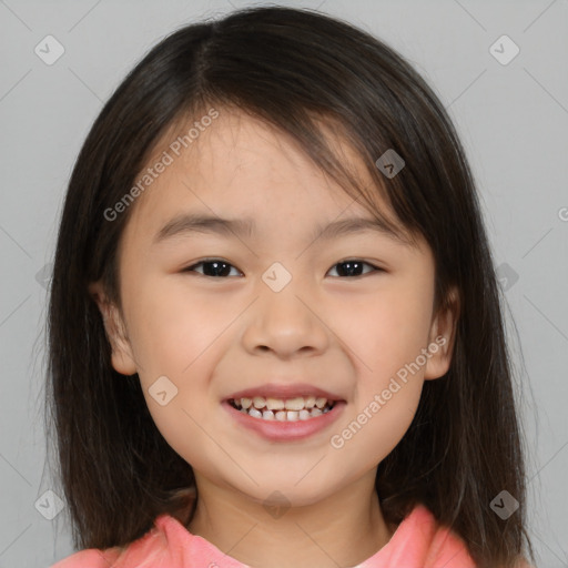 Joyful white child female with medium  brown hair and brown eyes