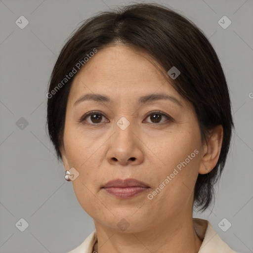 Joyful white adult female with medium  brown hair and brown eyes