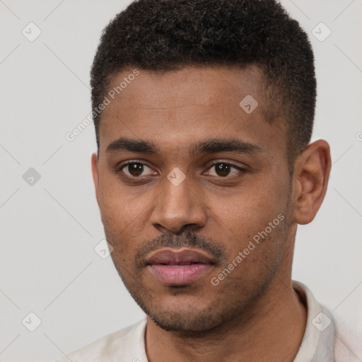 Neutral black young-adult male with short  black hair and brown eyes